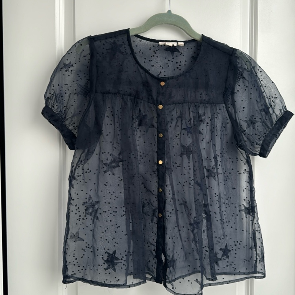 Anthropologie Let Me Be Sheer Navy Velvet Star Blouse